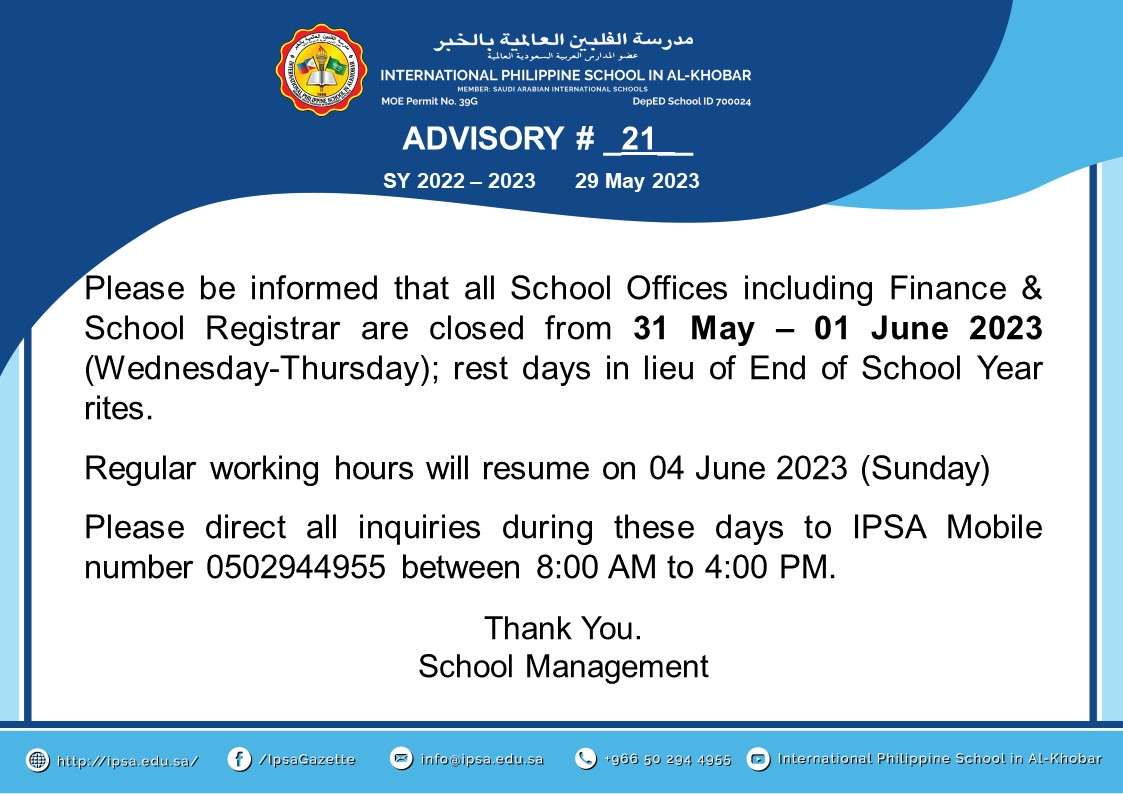 Announcement - IPSA - International Philippine School in Al-Khobar