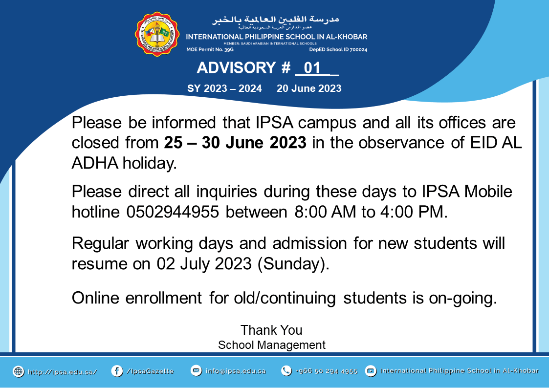 Announcement - IPSA - International Philippine School in Al-Khobar