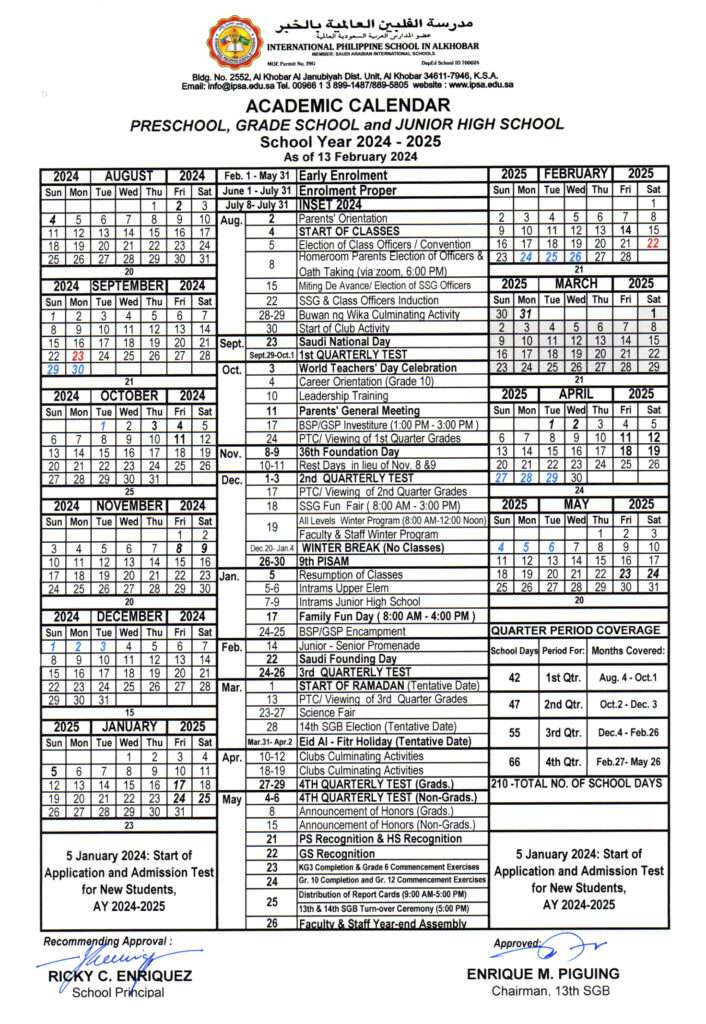 School Calendar IPSA International Philippine School in AlKhobar