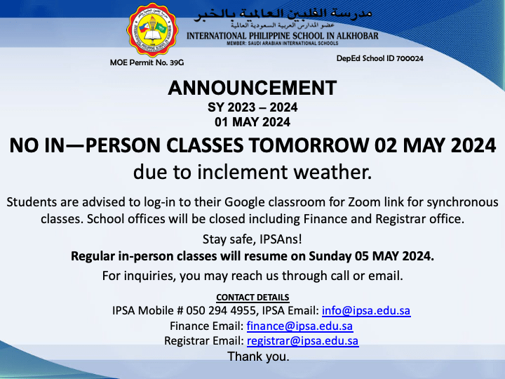 Announcement No Classes May 2
