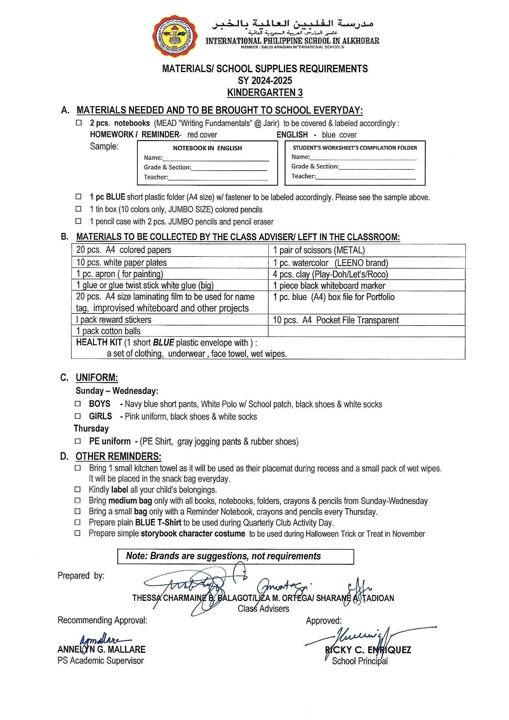 School Materials/Supplies Requirements - IPSA - International ...