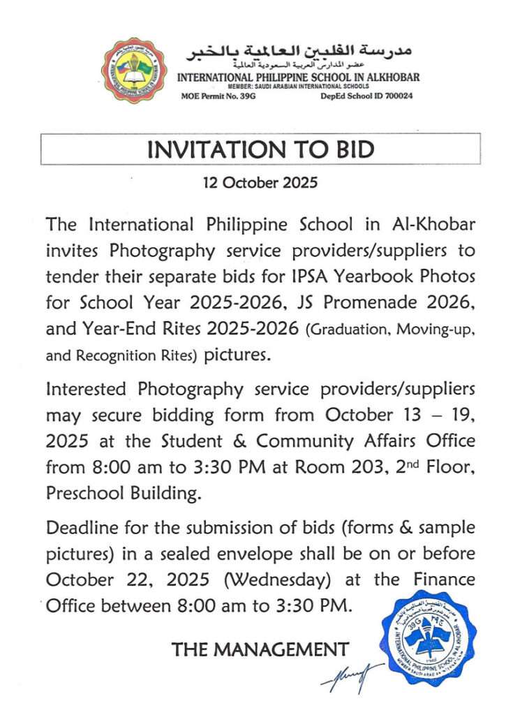 Invitation to Bid IPSA Yearbook photos SY 25-26