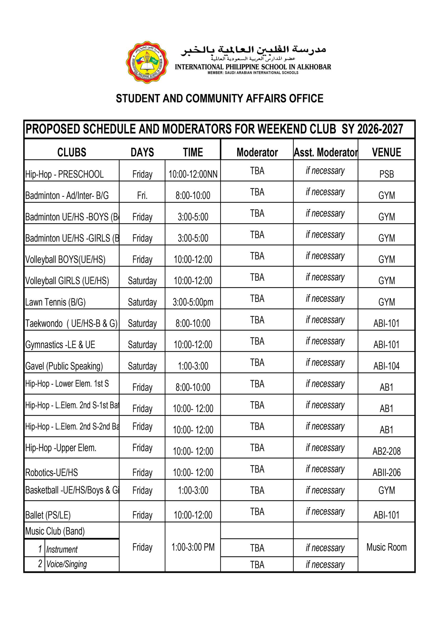 WC SCHEDULE